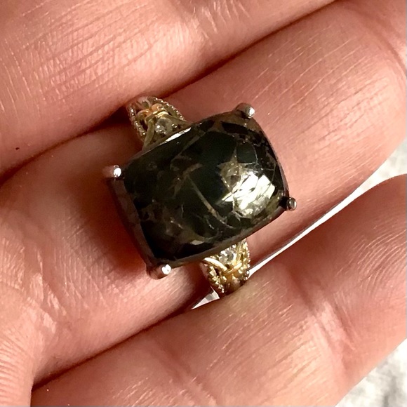 Shungite Rectangle Cabochon Ring in Gold & Platinum Over Brass - Picture 4 of 7